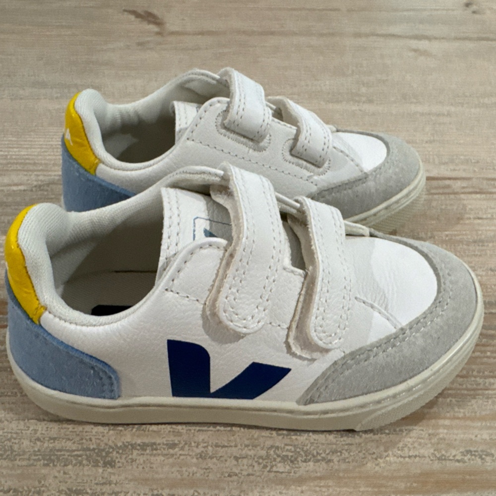 Kids White and Blue Veja Velcro Sneakers